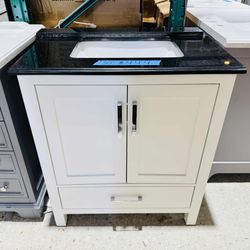 ‼️ Brand New 30 in. W x 22 in. D Single Sink Bath Vanity in White with Black Marble Top $449 