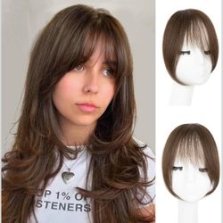 EINAEY Clip in Bangs, 100% Real Human Hair Medium Brown Fake Bangs Clip in Hair Extensions French Bangs Fringe with Temples Hairpieces for Women Curve