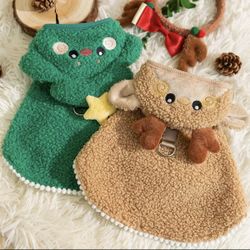 Christmas Reindeer & Christmas Tree Costume for Cats & Small Dogs - Warm Faux Fur Lined Hooded Sweater with Antlers, Green & White Plaid Scarf, and Fe