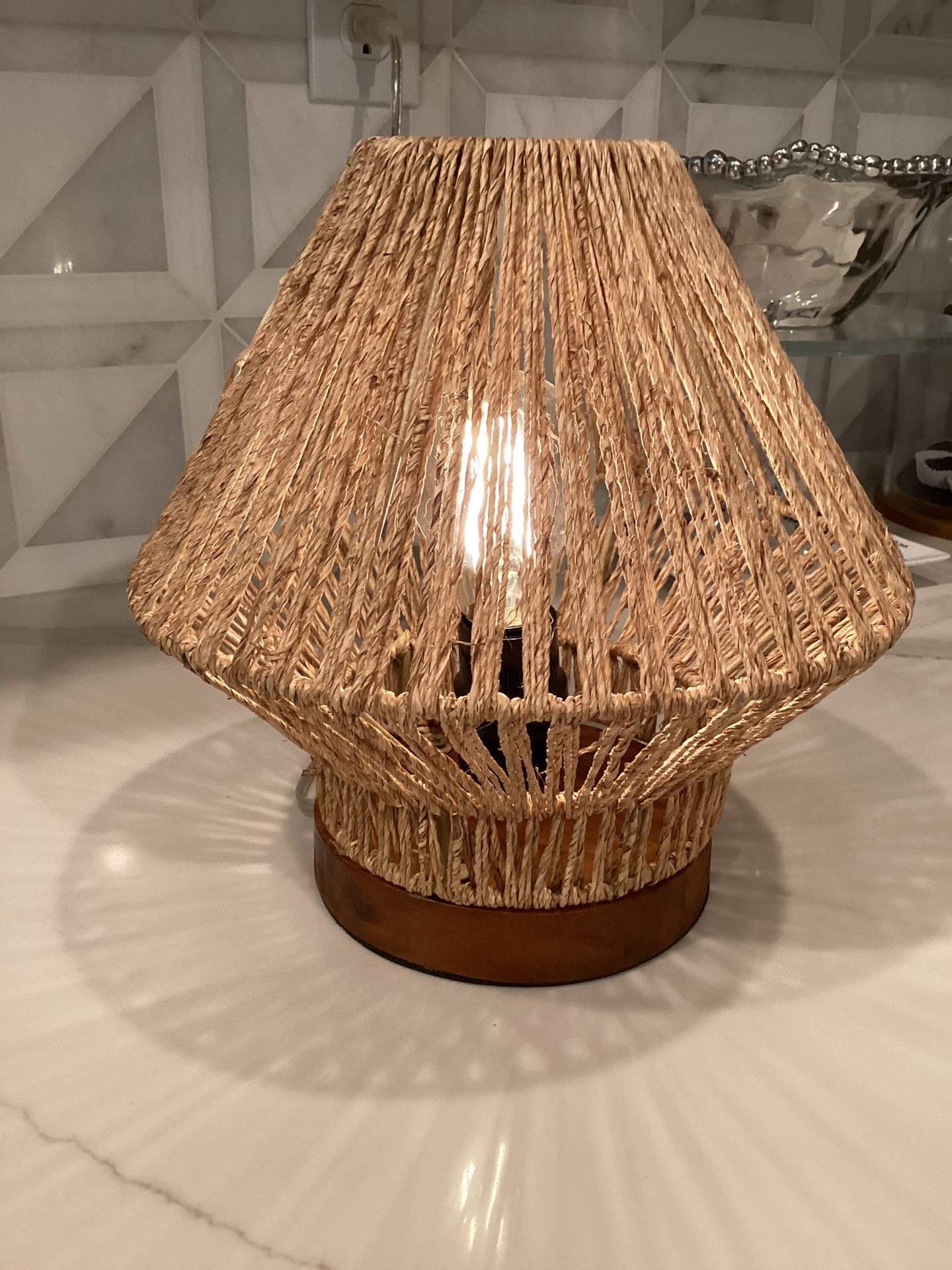 Jute & Wood Electric Lamp 9” x 9” with bulb (see all photos)