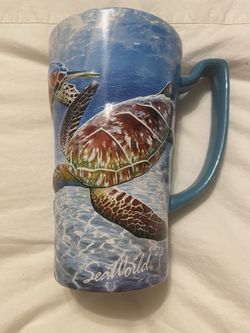 SEA WORLD Coffee Mug Sea Turtle 3D 16oz Tea Cup 5” Ceramic Underwater Ocean