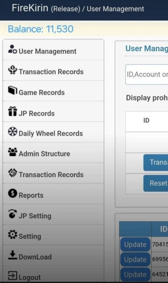 Fire Kirin Back End With 11530 Credits