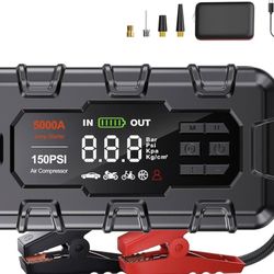 Jump Starter 5000A, Car Battery Jump Starter with Air Compressor for Up to 9.0L Gas and 8.0L Diesel Engine, 12V Jump Box with Display,PD 45W,LED Light