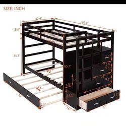 Twin Wood Bunk Bed with Trundle and Storage Staircase