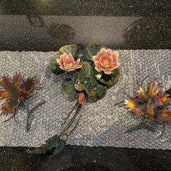 Handmade Metal Artwork of Flower and Leaves Signed by Artist 16”