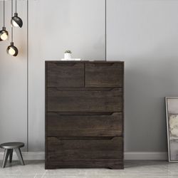 Dresser for Bedroom, Wood Storage Chest of 5 Drawers with Cutout Handles for Living Room, Dark Browns