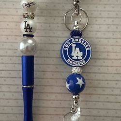 Dodgers Gift *Special 2 Or More Price* Beaded Badge Reel With Whistle And Pen Set