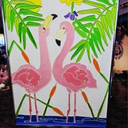 vintage 1970s pink flamingo painting by Sharie Hatchett Bohlmann featuring raised paint edges for a 3D effect 14"×18".