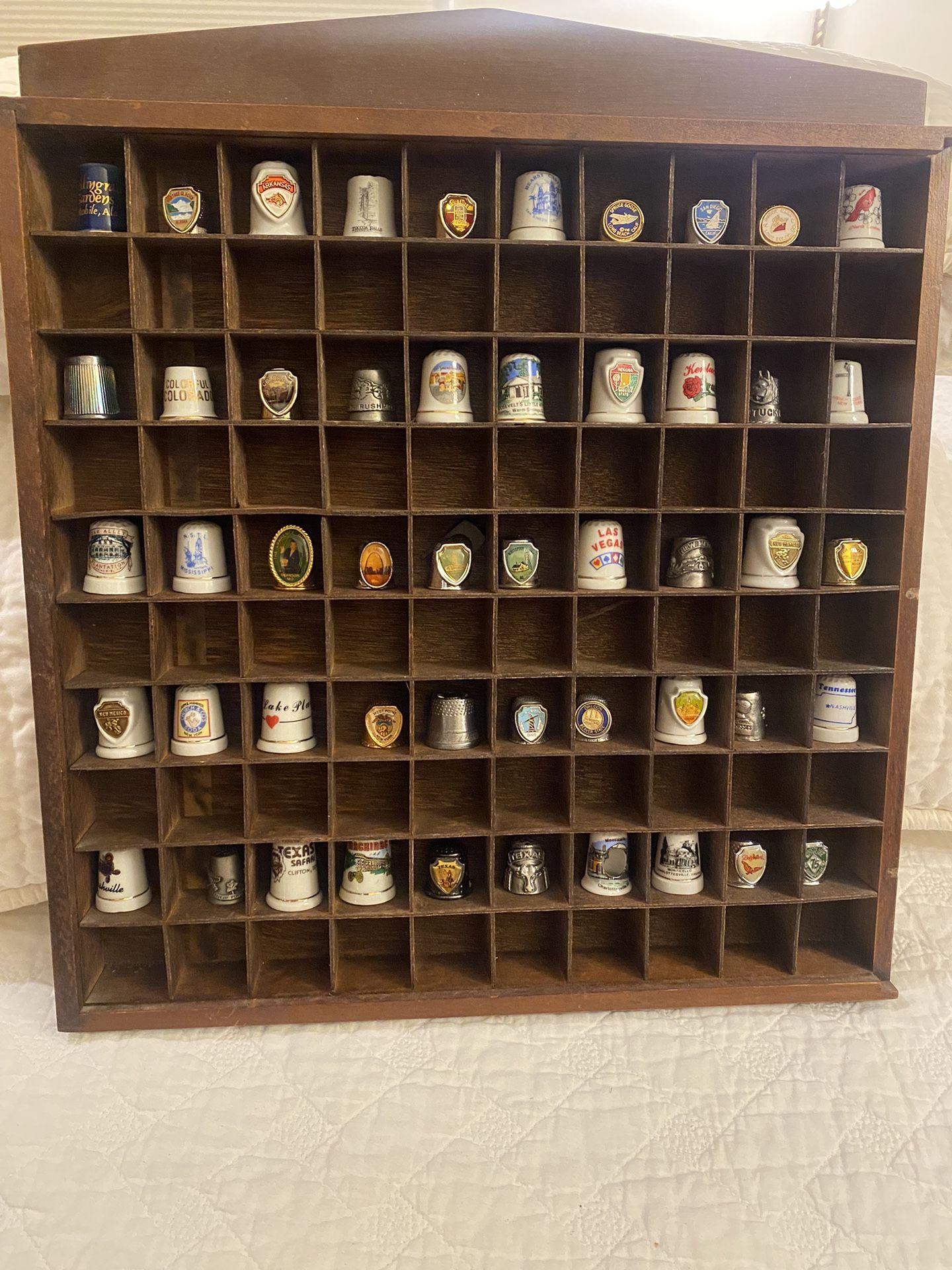 Hanging Thimble Display Case With 50 Thimbles- Porcelain, Brass And Metal 