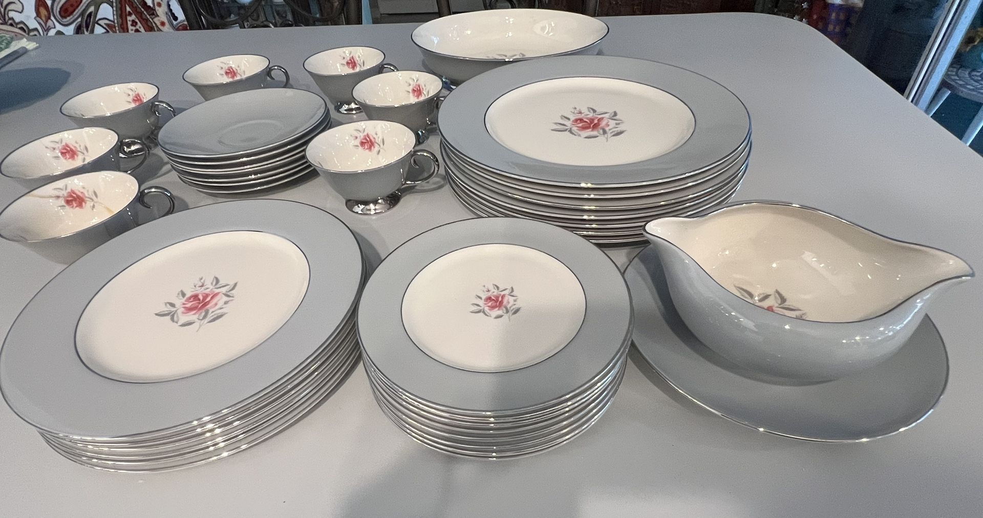 Vintage Flintridge China Set | Miramar Pattern | Pink Rose | Platinum Rim