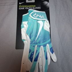 New NIKE Youth Hyperdiamond Edge Softball Batting Gloves Size M White/Light Aqua