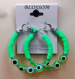 New Blossom Glass Evil Eye Protection Earrings Pair Beautiful -Green