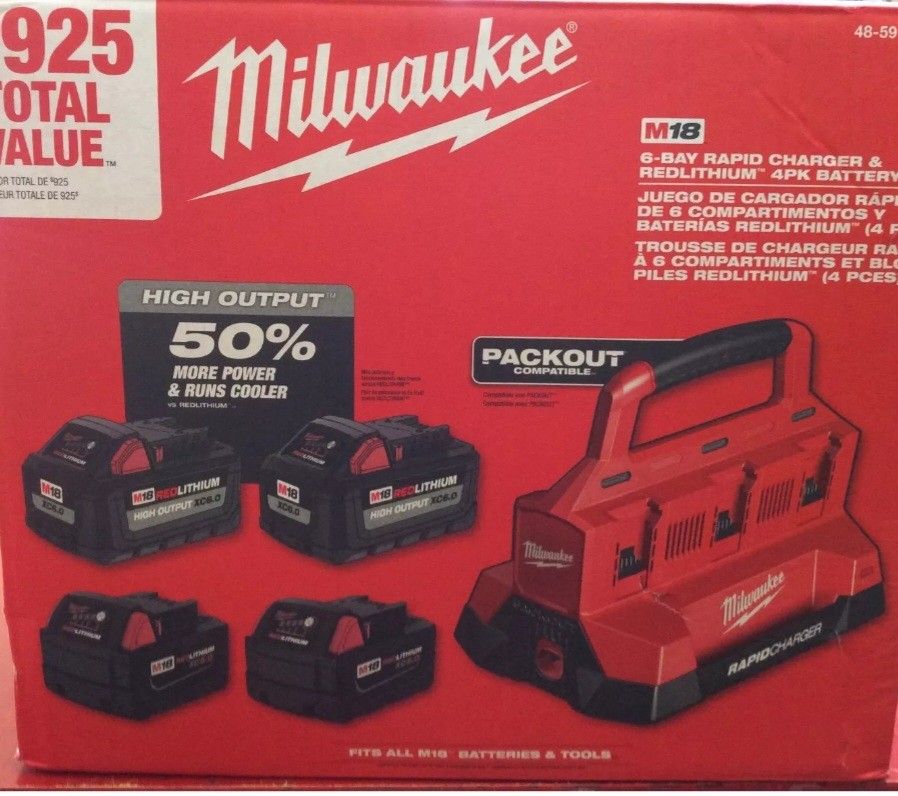 NEW Milwaukee 48-59-1865POC,
M18 18-Volt Lithium-Ion Battery Pack (2) 5.0Ah and High Output Battery Pack (2) 6.0Ah with PACKOUT 6-Port Rapid Charger