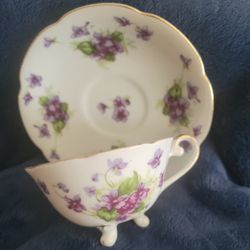 Lefton China, Hand Painted Teacup Purple Flowers, Footed