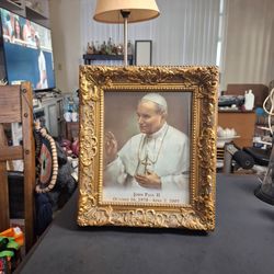 Framed Color Print Of Pope John Paul II, Gold Leaf Antiqued Ornate Frame In Mint Condition 13.75" X 11.75"