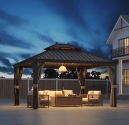 New in box - 12 ft. x 14 ft. Aluminum Hardtop Outdoor Gazebo with Double Galvanized Steel Roof,Included Mosquito Netting and Curtains