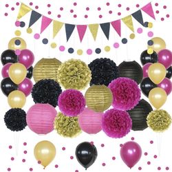 Hot Pink, Gold, and Black Party Decorations, 50 pc Party Supply Set, Paper Pom Pom Flowers, Paper Lanterns, Polka Dot Garland, Glitter Triangle Garlan