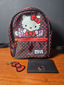 Hello Kitty Mini Backpack Faux Leather Zip Adjustable Strap Black/Red Polka Dot