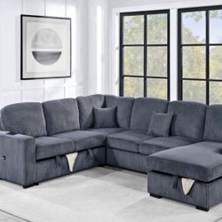 $649-4Piece Convertible Sectional  Sleeper Sofa ,Chaise Storage ,Sofa Storage & USB Ports 98” x 103” x 61” x36”H