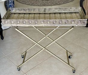27”H  Gold & Silver Metal Bar Serving Cart Plant Table
