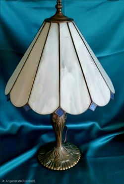Vintage Tiffany stained glass table lamp Pink/Lilac Art Glass Shade,blue Diamond