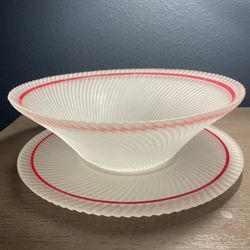Vintage Federal Glass Diana Swirl Satin White Console Bowl Plate Set Ribbed
