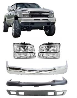New Silverado Chrome Bumper + Upper Bumper + Lower Valance + Clear Headlights fits 2003 to 2006