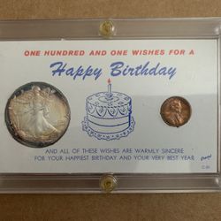 1987 Walking Liberty Silver Dollar And One Cent Set One Hundred And One Wishes For A Happy Birthday Coin Set 