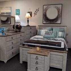 👉 BEDROOM SET👈 Queen Size Bed, Night Stands, Chest of Drawers, Dresser And Mirror 👍52 Down / GetNowPayLater 