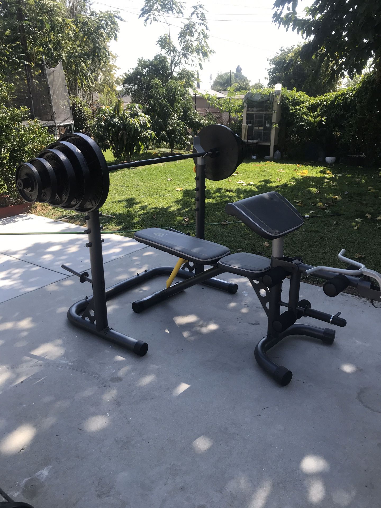 squat rack/weight bench with olympic bar and weights