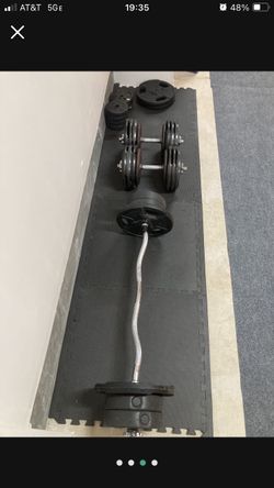 Curl Bar. Adjustable Dumbbells. Weights