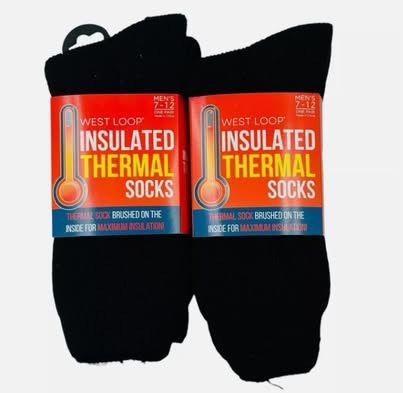 2 Pair West Loop Insulated Thermal Socks Men's Size 7-12 Black