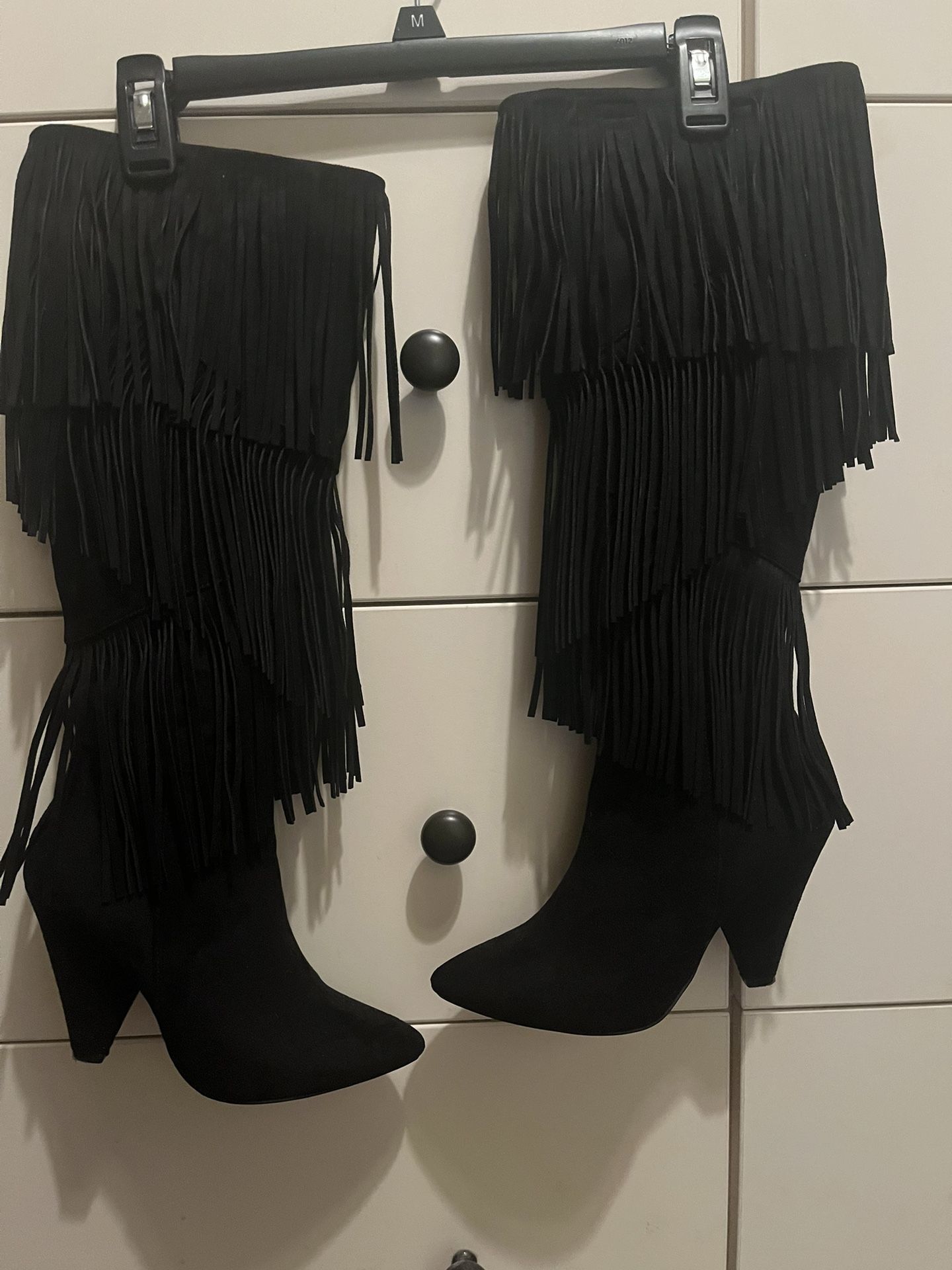 Women’s Black Suede Knee High Fringe Boots