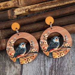 Wooden Bird Floral Round Drop Earrings