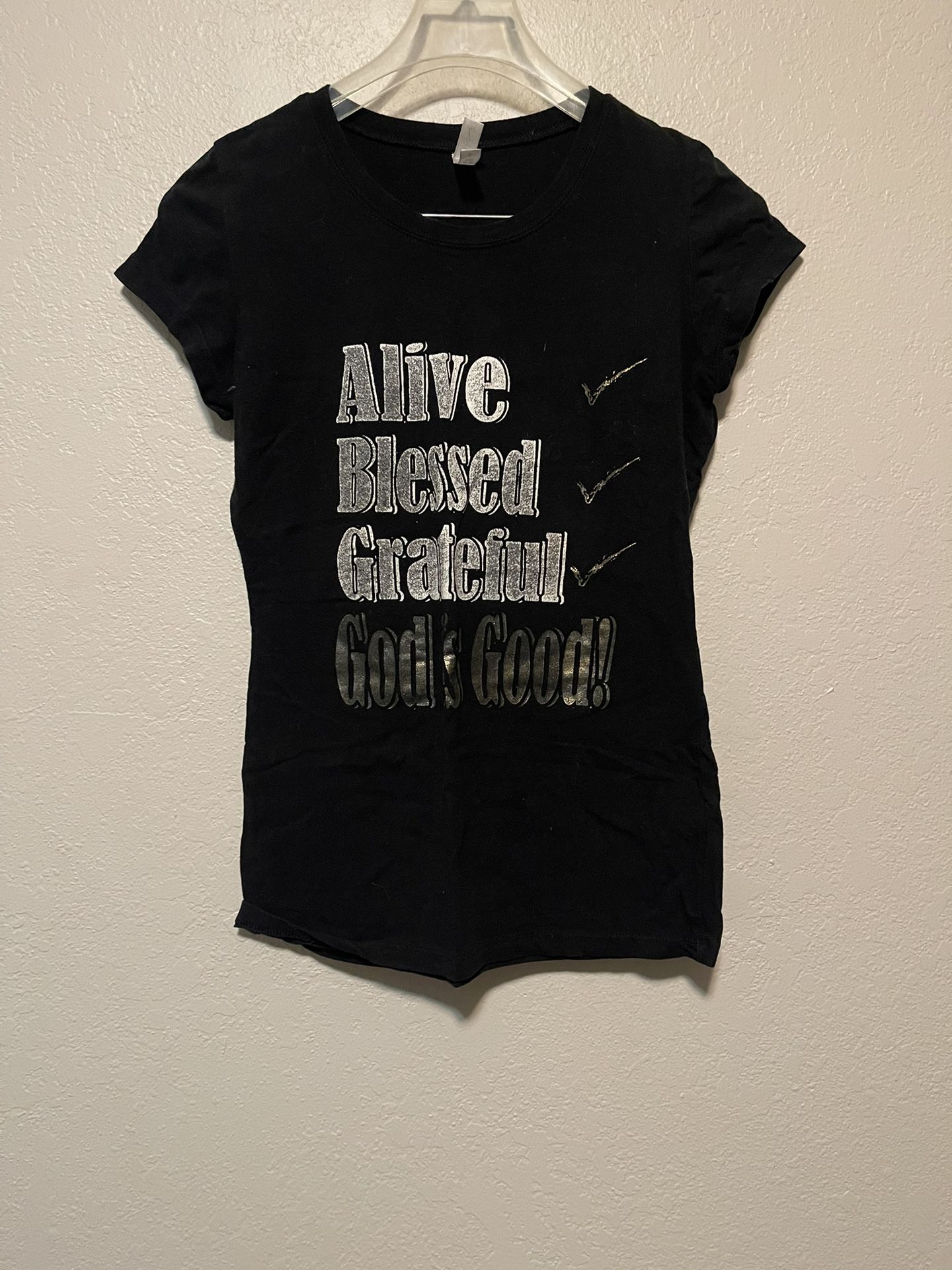 Ejel, Women’s Black Stretchy Shortsleeved ‘God Is Good’ Blessed Shirt, Size L