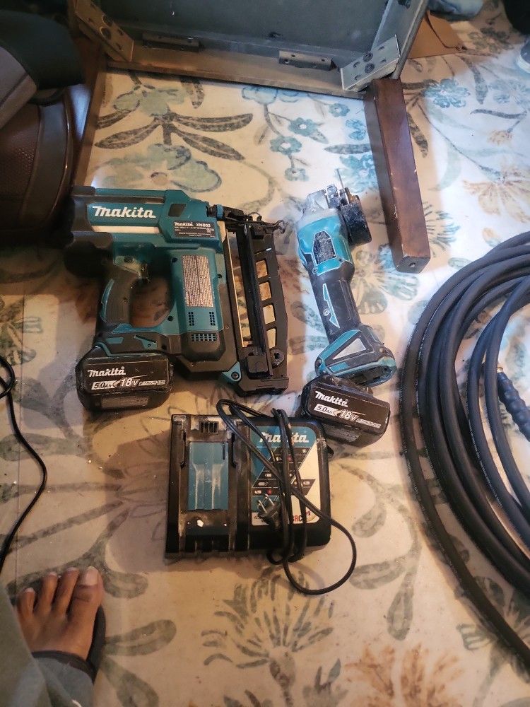Makita Nail Gun.and Grinder.with Batteries And Charger