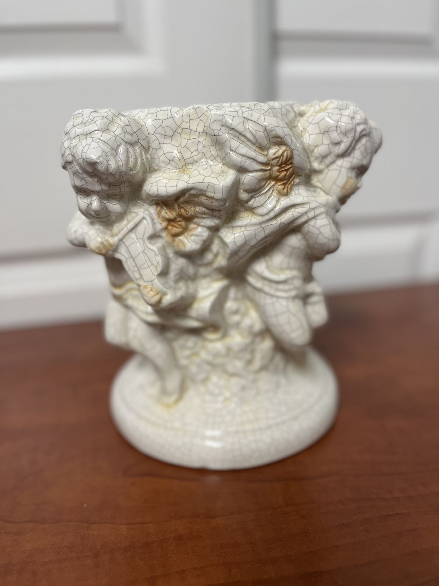 Vintage Ceramic/Porcelain Candle Stand Or Planter Stand Featuring Angels On A Crackle glaze finish