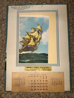 Monarch Life Insurance Vintage Wall Calendar Page - Sailboat Art, 1948