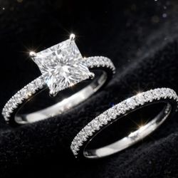 Silver Plated Cubic Zirconia Bridal Set - $100 💍 Beautiful princess cut engagement ring + matching eternity band! Sizes: 6, 7, 8, 9, 11 Available P