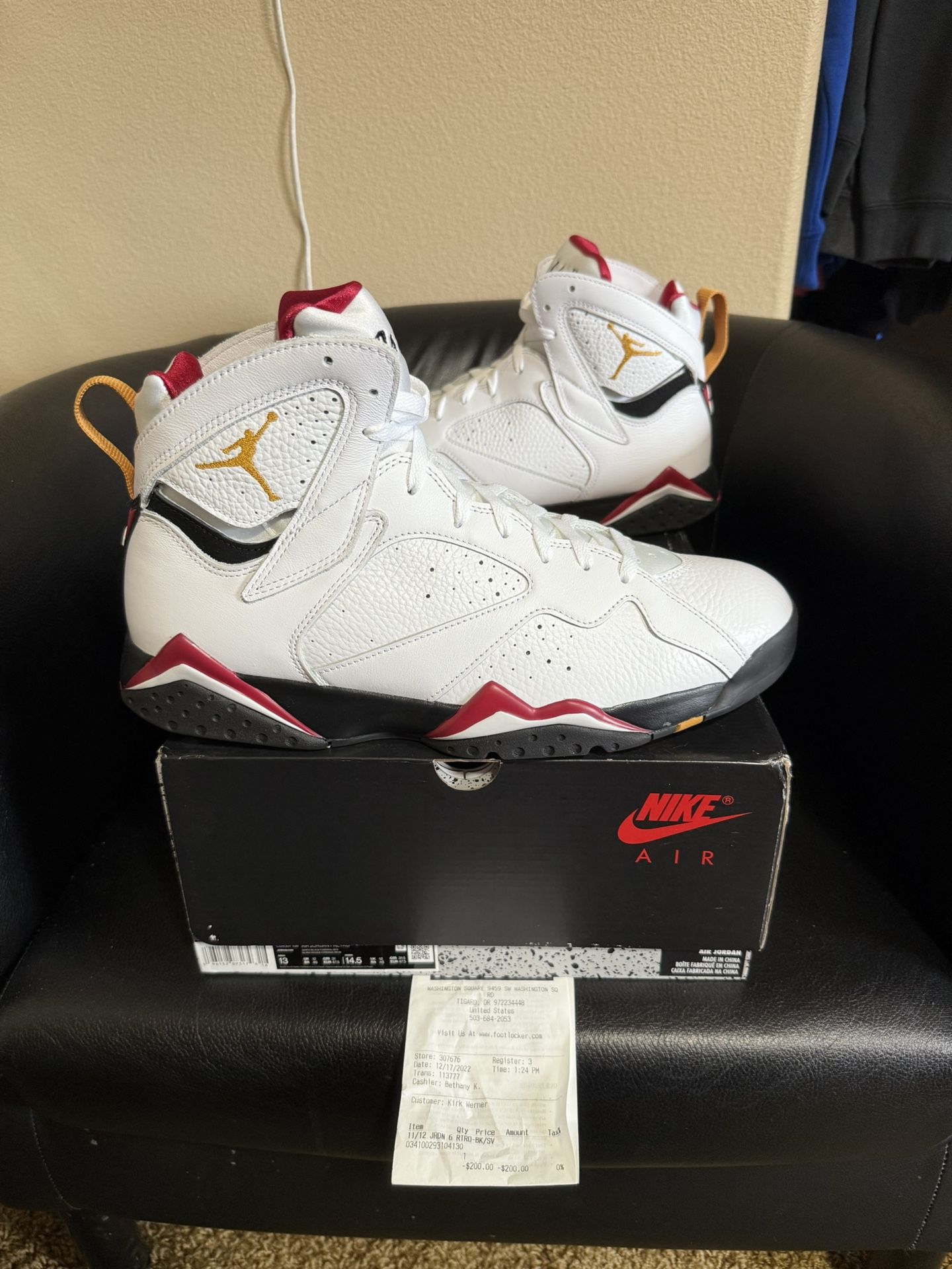 Brand new Air Jordan Cardinal 7’s size 13 with original boxes and proof of purchase.