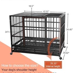 42 Inch Heavy Duty Indestructible Dog Crate, High Capacity Escape Proof Double Door Kennel with Lockable Wheels, 35" Tall Medium Dog Cage with 0.8" St