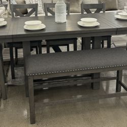 Dining Table With 2 Leafs, 5 Chairs, 1 Bench 