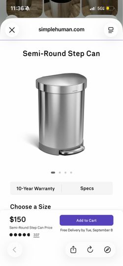 simplehuman 60L Semi-Round Step Can with Liner Rim — Brushed Stainless Steel