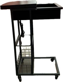 C-Shaped End Table with Charging Station, Flip-Top, Rolling Casters, Black