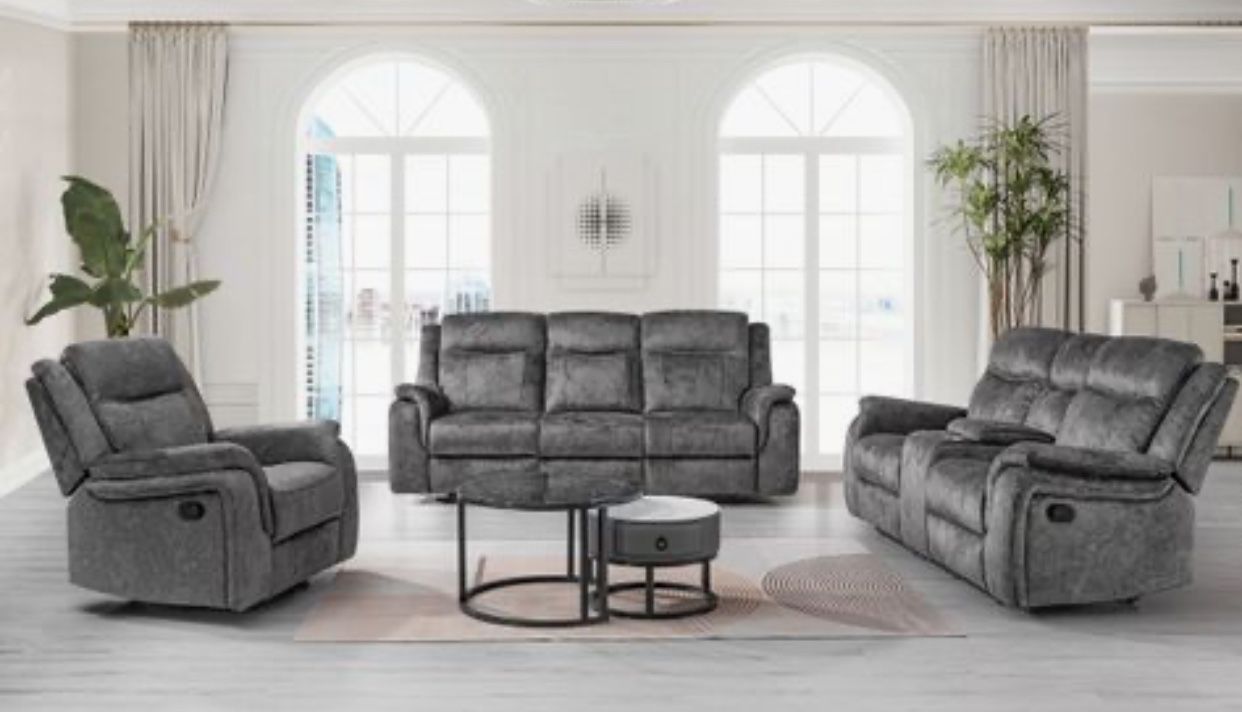 3PCS SET MANUAL RECLINERS SOFA LOVESEAT AMD CHAIR W/USB VELVET GRAY (NC) $1599 FREE LOCAL DELIVERY
