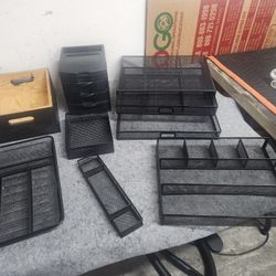 7 Piece  5 Steel Mesh, 1 Plastic, 1 Wood Desk Organizer Set