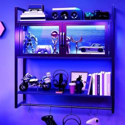 Wall Mounted Gaming Shelf with LED Lights and Cabinet