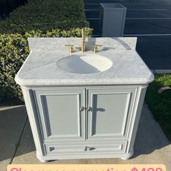 36”white single sink bathroom vanity with carrara white marble stone top