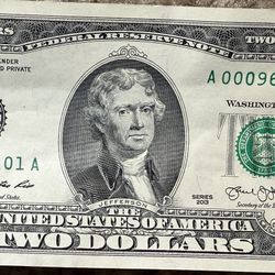 Lucky $2 Bill Serial Number A00096101A