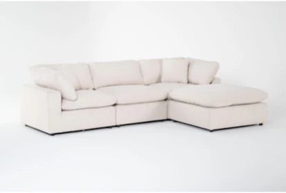 Zone Cream White Fabric 124" 4 Piece Modular L-Shaped Sectional with 2 Corners 1 Armless Chair & Ottoman